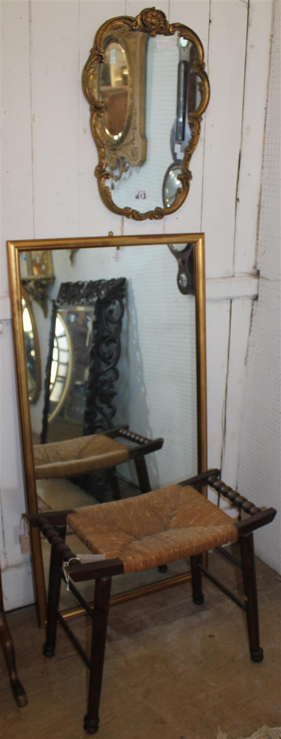 Rush seat oak stool & 2 mirrors
